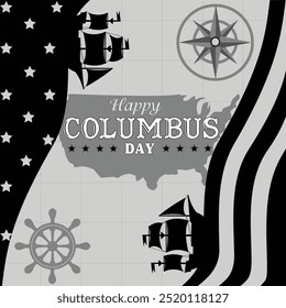 Happy Columbus Day Greeting Card. Black and white illustration design for themed greeting card celebrating Columbus Day. Great for collecting assets, templates, background illustrations, greeting card