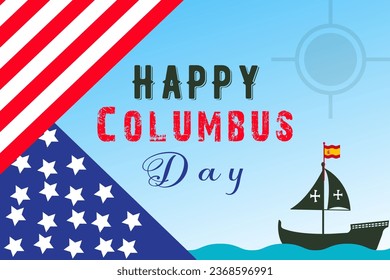 Frohe Columbus Day Grußkarte mit Segelschiff Segelboot. Christoph Columbus National USA Holiday Banner mit amerikanischer Flagge, Meereswellen, Steer Wheel und Kompass. Entdeckung von Amerika Spanien Thema.