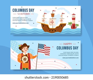 Happy Columbus Day Horizontal Banner Template Hand Drawn Cartoon Flat Illustration