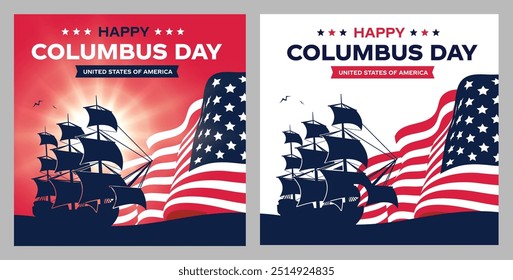 Conjunto de logotipo feliz do dia de Columbus, banners, cartão com bandeira dos EUA. Cores da bandeira da América, comemorar Cristóvão Colombo descobrir América Navio Vetor ilustração. 