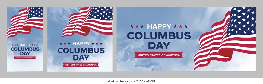 Happy Columbus Day Logo Set, banners, card with USA Flag. America flag colors, celebrate Christopher Columbus discover America Usa Ship Vector illustration. 
