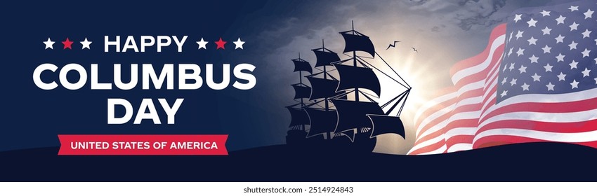 Happy Columbus Day Logo Set, Banner, Karte mit US-Flagge. Amerika Flagge Farben, feiern Christoph Kolumbus entdecken Amerika USA Schiff Vektor Illustration. 