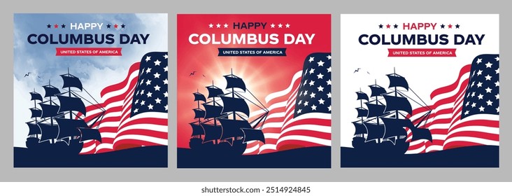 Feliz Día de Colón Logo Set, Anuncios, tarjeta con la bandera de EE.UU. Colores de la bandera de América, celebre a Cristóbal Colón descubra la Ilustración vectorial de Barcos de Estados Unidos de América. 