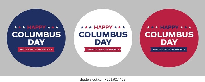 Feliz Día de Colón Logo Set, Anuncios, tarjeta con la bandera de EE.UU. Colores de la bandera de América, celebre a Cristóbal Colón descubra la Ilustración vectorial de Barcos de Estados Unidos de América. 