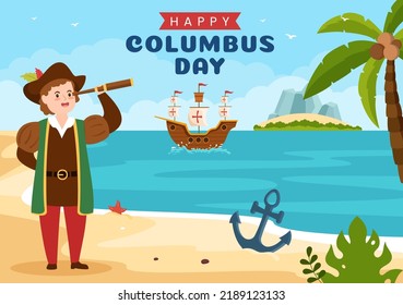 Happy Columbus Day National Holiday Hand Drawn Cartoon Illustration with Blue Waves, Compass, Ship and USA Flags in Flat Style Background