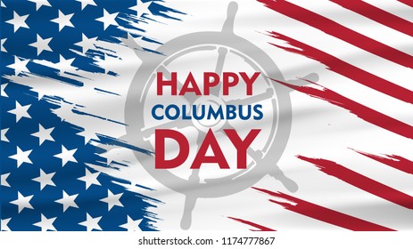 Happy Columbus Day National Usa Holiday Greeting Card With Ship Over American Flag Flat