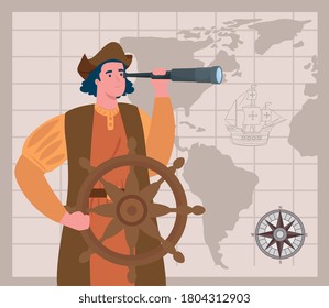 happy columbus day national usa holiday, and christopher columbus with telescope vector illustration design