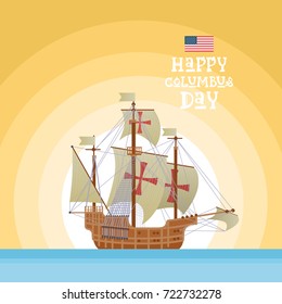 Happy Columbus Day National Usa Holiday Greeting Card With Ship Ocean Blue Water Flat Vector Illustration