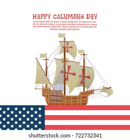 Happy Columbus Day National Usa Holiday Greeting Card With Ship Flat Vector Illustration