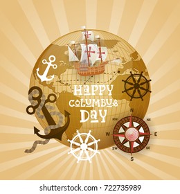 Happy Columbus Day National Usa Holiday Greeting Card With Ship Over World Map Flat Vector Illustration