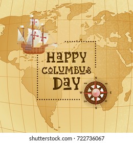 Happy Columbus Day National Usa Holiday Greeting Card With Ship Over World Map Flat Vector Illustration