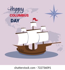 Happy Columbus Day National Usa Holiday Greeting Card With Ship Flat Vector Illustration