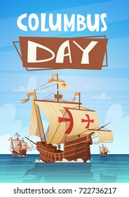 Happy Columbus Day National Usa Holiday Greeting Card With Ship In Ocean Sea Water Flat Vector Illustration