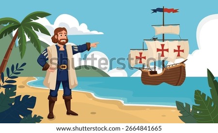 Happy Columbus Day On a Ship In the Ocean with Christopher Columbus Flat Vector Illustration
