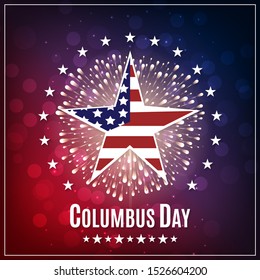 Happy Columbus Day. Patriotic template for greeting card, flyer, poster, banner. American themed star, text message, sparkler and colorful light effects.