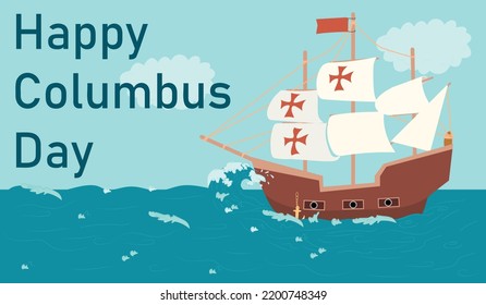 Happy Columbus Day. Sailing ship floating on the sea waves.  Vector illustration svg