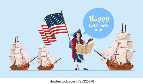Happy Columbus Day Ship America Discovery Holiday Poster Greeting Card Flat Vector Illustration