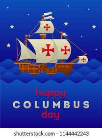 happy Columbus day with ship flat style vector illustration