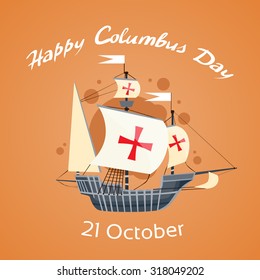 Happy Columbus Day Ship Holiday Poster Flat Vector Illustration