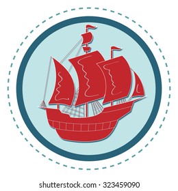 Happy Columbus Day Ship Holiday Silhouette. Flat vector illustration. Round frame with Red Sailfish.