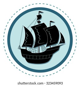 Happy Columbus Day Ship Holiday Silhouette. Flat vector illustration. Round frame with Black Sailfish.