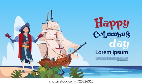 Happy Columbus Day Ship In Ocean On Holiday Poster Greeting Card Flat Vector Illustration