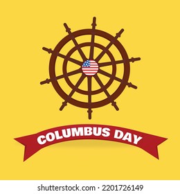 Happy Columbus Day. Steering wheel of the ship Discovery of America 1492 with a red ribbon and text. Cute vector illustration in a flat style