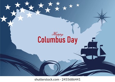 Happy Columbus Day, USA Background, Columbus Day Celebration with US flag, ocean waves and Columbus ship - United States Holiday