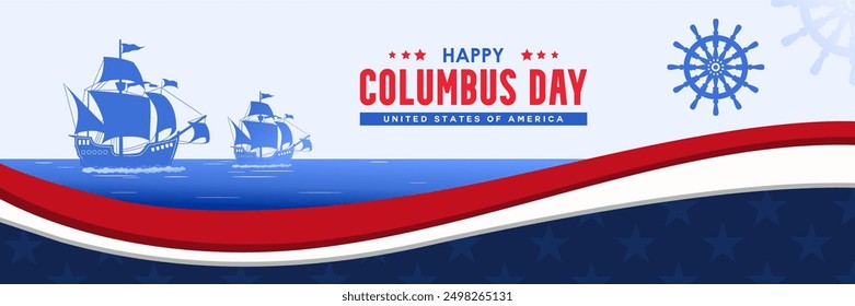 Happy Columbus Day, USA Background, Columbus Day Celebration with US flag theme, ocean and Columbus ships - United States Holiday