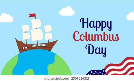 Feliz Día de Colón, Fondo de Estados Unidos, Celebración del Día de Colón con la bandera de Estados Unidos, las olas del océano y el barco de Colón - Estados Unidos Festiva