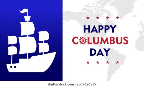 Happy Columbus Day, USA Background, Columbus Day Celebration with US flag, ocean waves and Columbus ship - United States Holiday