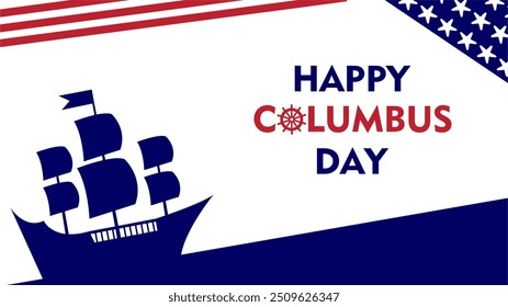 Happy Columbus Day, USA Background, Columbus Day Celebration with US flag, ocean waves and Columbus ship - United States Holiday