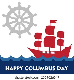 Happy Columbus Day, USA Background, Columbus Day Celebration with US flag, ocean waves and Columbus ship - United States Holiday