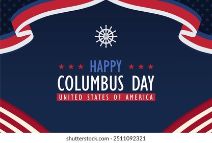 Happy Columbus Day, USA Background, Columbus Day Celebration with US flag and wavy ribbon in American flag colors,United States Holiday