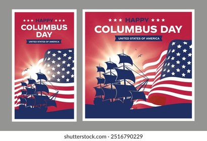 Happy Columbus Day USA Logo-Set, Banner, Karte mit US-Flagge. Amerika Flagge Farben, feiern Christoph Kolumbus entdecken Amerika USA Schiff Vektor Illustration. 