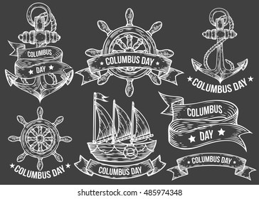 Happy columbus day vector hand drawn illustrations engraved set. Retro vintage nautical doodles, helm, boat, ship, anchor, ribbons. Sketch logo, emblem, banner, labels. Isolated on black