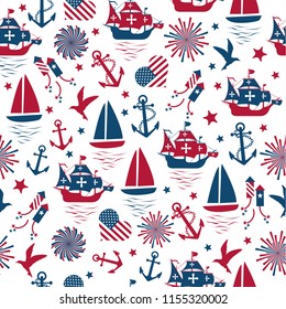 Happy columbus day. Vector illustration, seamless pattern on white background.