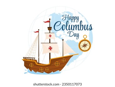 Happy Columbus Day Vector Illustration of National Usa Holiday with Ship and American Flag Background in Flat Cartoon Hand Drawn Templates