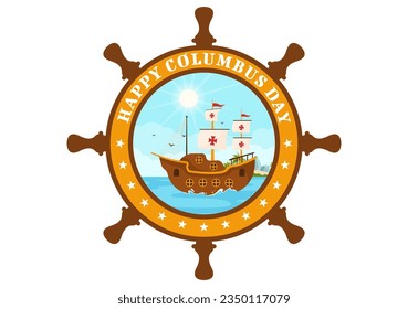 Happy Columbus Day Vector Illustration of National Usa Holiday with Ship and American Flag Background in Flat Cartoon Hand Drawn Templates