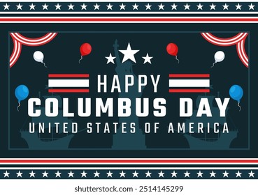 Happy Columbus Day vector illustration featuring a National USA Holiday, Showcasing a Ship and American Flag in a Flat Style Cartoon Design