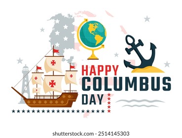 Feliz Ilustración vectorial del Día de Colón con un Festiva nacional de Estados Unidos, mostrando un barco y una bandera estadounidense en un diseño de dibujos animados de estilo plano