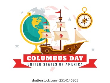 Happy Columbus Day vector illustration featuring a National USA Holiday, Showcasing a Ship and American Flag in a Flat Style Cartoon Design