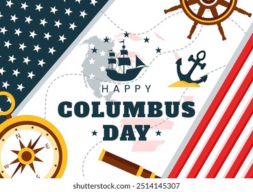 Happy Columbus Day vector illustration featuring a National USA Holiday, Showcasing a Ship and American Flag in a Flat Style Cartoon Design