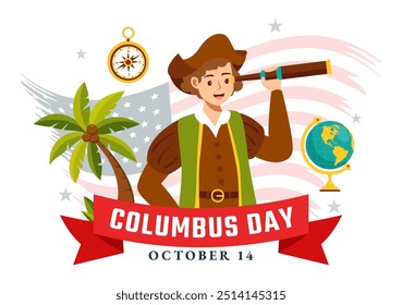 Feliz Ilustración vectorial del Día de Colón con un Festiva nacional de Estados Unidos, mostrando un barco y una bandera estadounidense en un diseño de dibujos animados de estilo plano