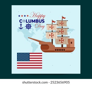 Happy Columbus Day Vector Illustration of National Usa Holiday with Ship and American Flag Background in Flat Cartoon Hand Drawn Templates