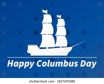 Happy Columbus Day. White outline of a sailing ship against a blue background with stars. Vector illustration