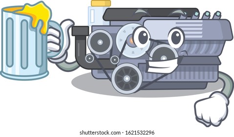 Happy combustion engine mascot design with a big glass