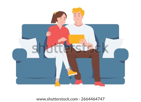 Happy comfortable couple sharing, interacting, and watching media content online in tablet seated together on sofa concept illustration