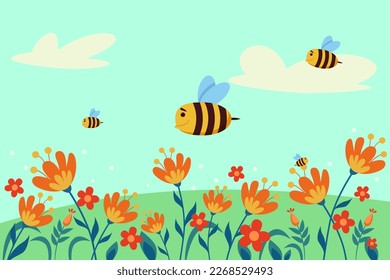 Happy comic bees flying across flower field vector illustration. Cartoon drawing of cute striped insect characters pollinating beautiful orange plants. Spring, seasons, wildlife, nature concept