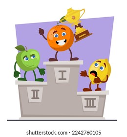 Happy comic orange with gold cup on podium vector illustration. Cartoon drawing of orange fruit character on first place in sports contest. Healthy lifestyle, victory, success, competition concept